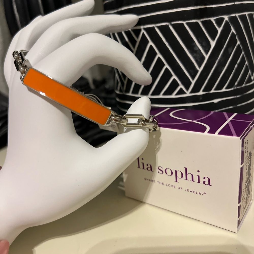 Lia Sophia Boutique Orange Silver Plated Open Link ID Bracelet 8"